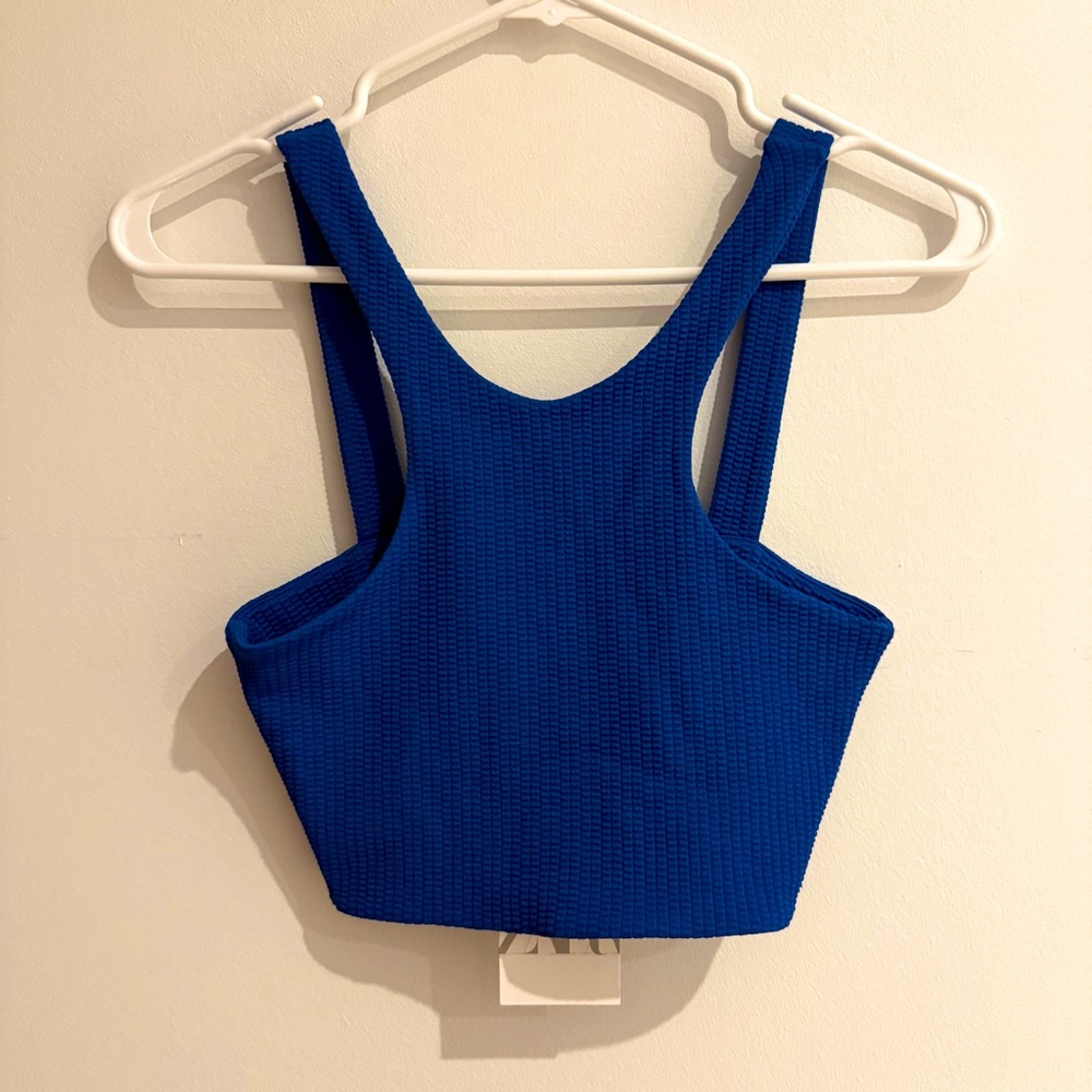 Zara Ribbed Blue High Neck Top